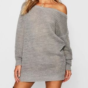 Petite Waffle Knott Off the Shoulder Grey Sweater/Dress